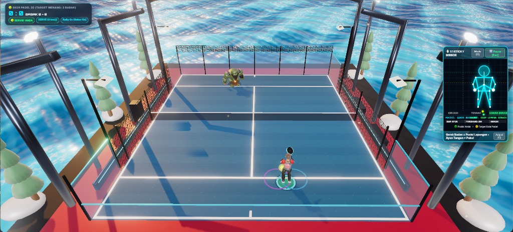 Padel 3D Stadium Tactical View with 1:1 Sticky Mirror HUD